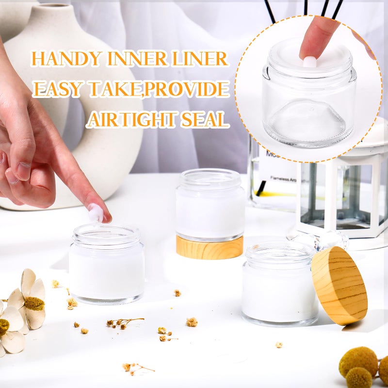 Layhit 24 Pcs Glass Jars with Lids Clear Small Jars with Woodgrain Lids  White Labels and Inner Liners Empty Round Cosmetic Containers for Creams Lotions Powder Ointments Candle Making(2 oz) - Image 4